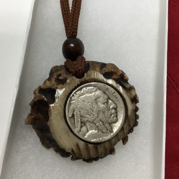 Handmade Old Nickel set in Wood Necklace - Picture 3 of 5